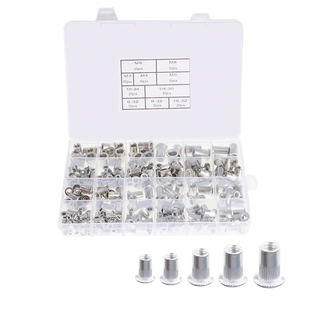 300 Pcs Rivet Nuts Kit Aluminum Flat Head Threaded Rivetnut Insert Rivet Nuts Kit Metric SAE M3-M8 6-32 8-32 10-24 10-32 1/4-20