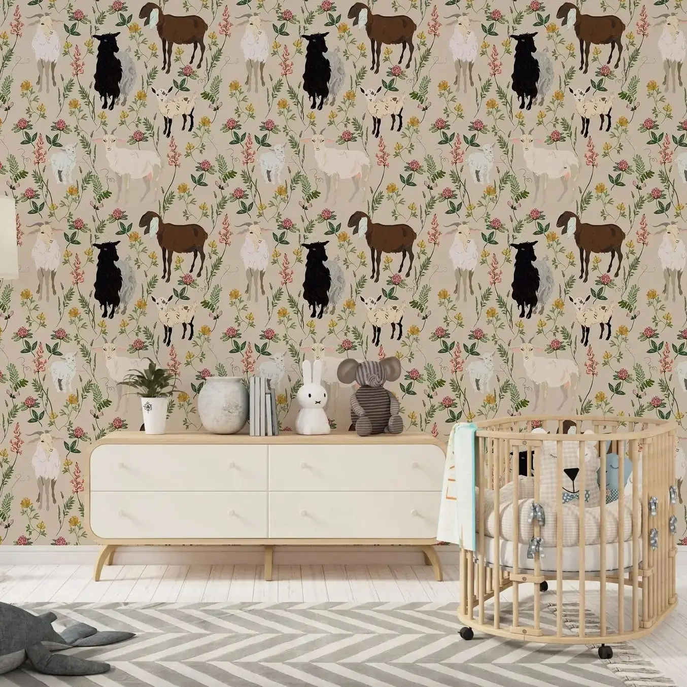 Farmhouse Wallpaper,Watercolor Goat Floral Farm Animals Wall Mural,Farm Wall Decor,Ranch Goat Neutral,Self-adhesive Or Tradition