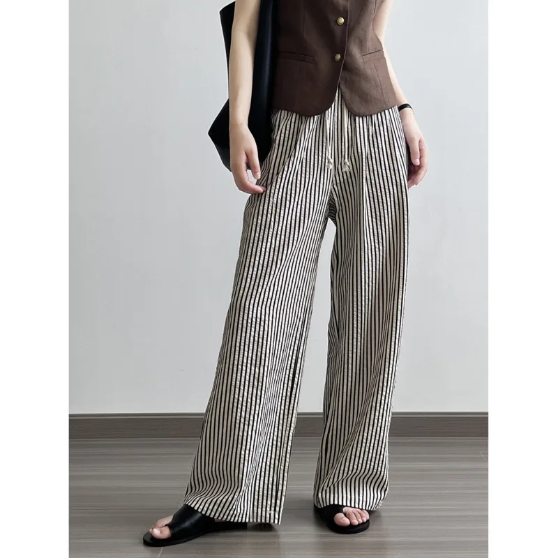 

Spring Summer Striped Casual Pants Women Drawstring Waist Loose Wide Leg Straight Leg Long Pants