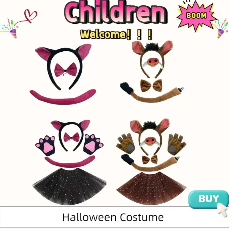 مجموعة أزياء حيوانات البقرة والأطفال - مع عصابة رأس للأذنين وذيل ربطة عنق، زي كرنفال خاص للأداء للأولاد والبنات