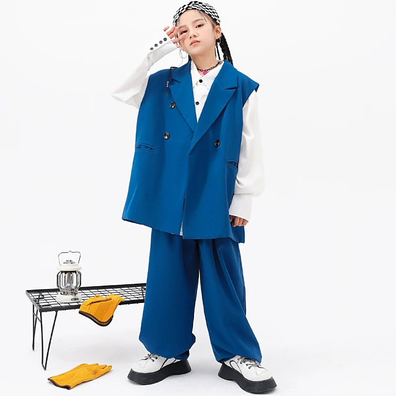 Kids Hip Hop Clothing Blue Sleeveless Blazer Jacket Tops Street Outfits Baggy Pants for Girl Boy Jazz Dance Costume Clothes Suit