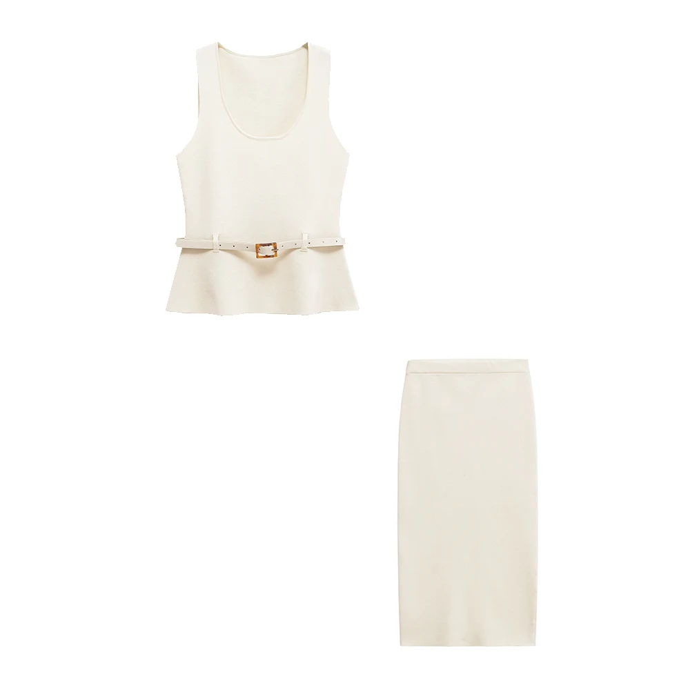 

Женский повседневный летний наряд, элегантный комплект из двух предметов, вязаные майки, юбка-миди, комплект, женские топы, уличная одежда 4192062