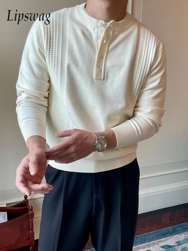 

Fall Winter Daily Casual Mens Sweaters Trendy Solid Color Buttoned O Neck Knitted Henley Shirts Men Fashion Long Sleeve Jumpers