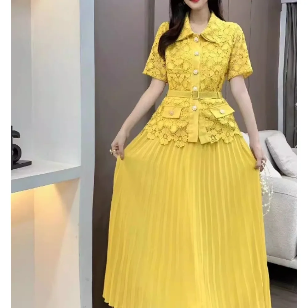 Sexy Two Pieces Sets Chic Turn-down Collar Short Sleeve Top with Solid Pleated  High Waist A-line Skirt Beach Vacation Sets