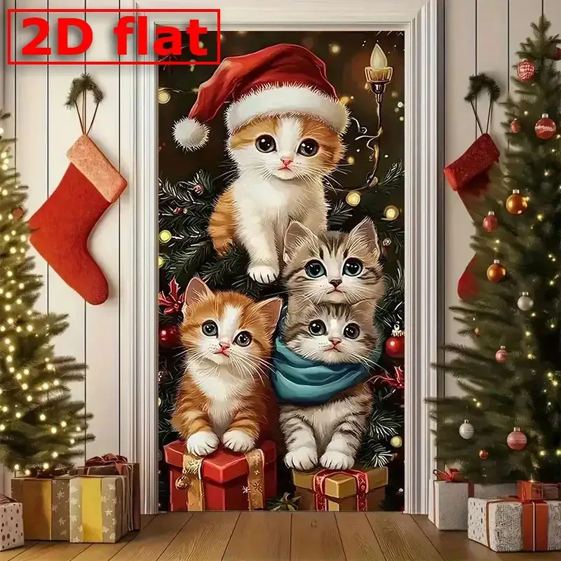 1 Stück 2DDoor-Vorhangbanner, Weihnachtskatze und nur 4 süße kleine Katze und Weihnachtsmütze – Innen- und Außendekoration