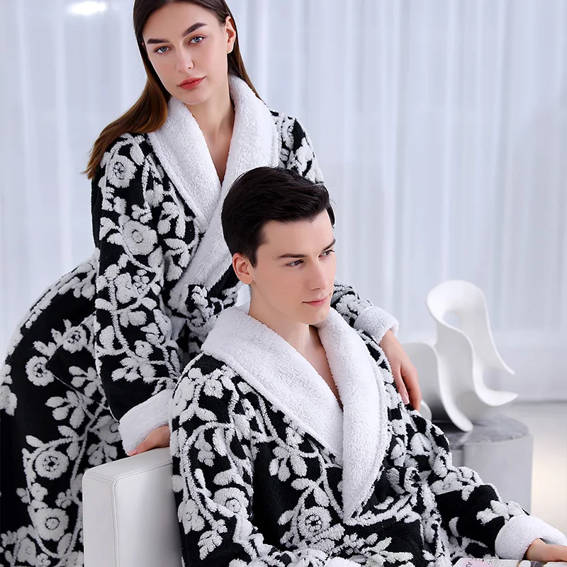 Jacquard Double Layer Thicken Robe Gown Women and Men Sleepwear Winter Warm Nightgown Coral Fleece Lovers\' Bathrobes Lingerie