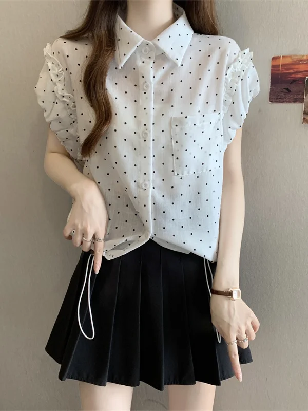 

Fashionable plus Size Polka Dot Shirt Drawstring Waist Concealing Flattering Retro Style Women's Summer Top for Plump MM