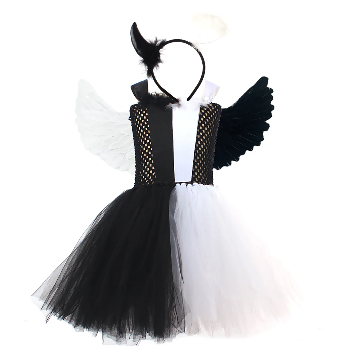 Naughty & Nice Angel Demon Child Fancy Dress for Halloween Costume Girls Cosplay Party Dress up Tutu Dress with Wing Headband