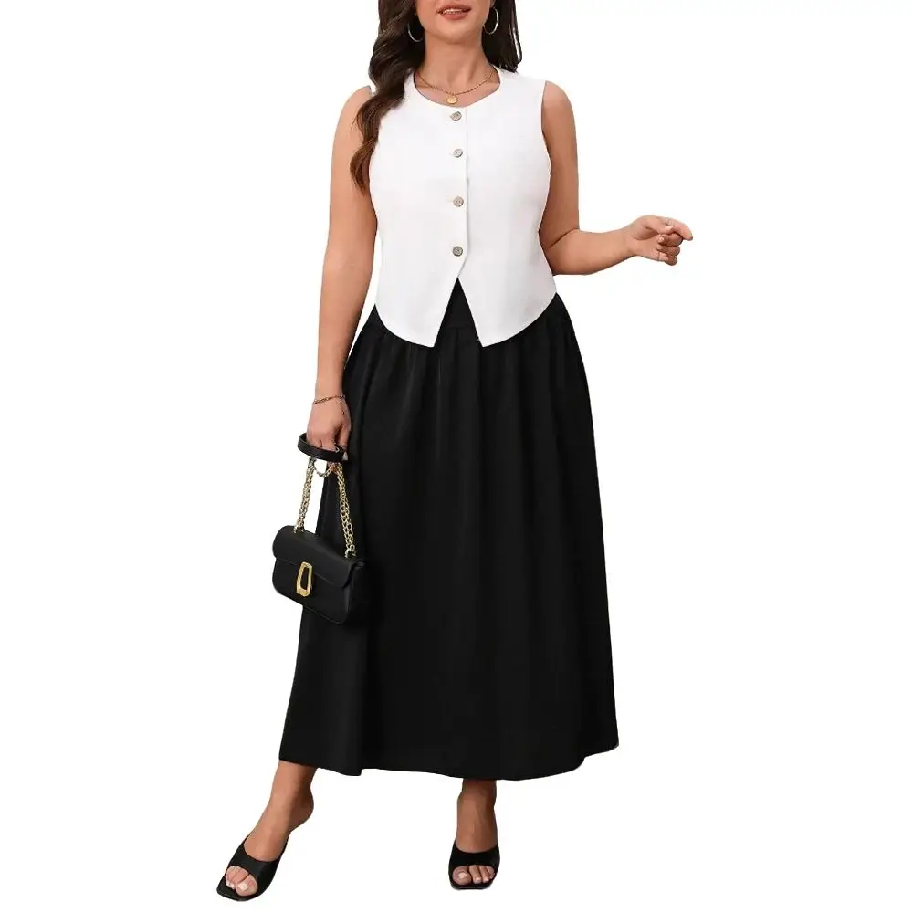 

Летние комплекты Mia Muse Select, элегантные однобортные жилеты без рукавов с круглым вырезом, плиссированная длинная юбка трапециевидной формы, офисные женские комплекты