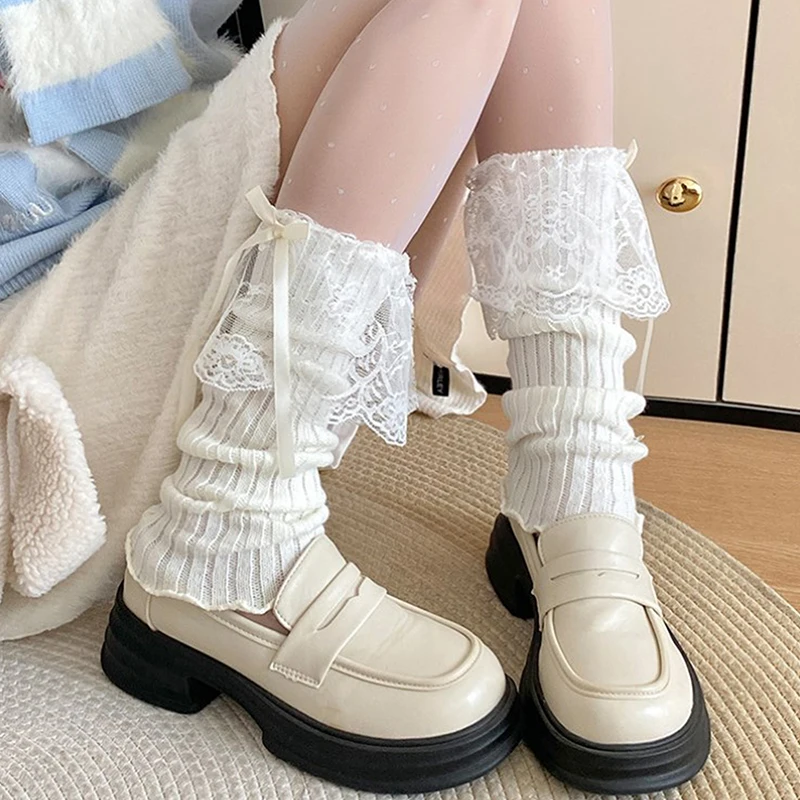 Lolita Bandage Bowknot Lace Ruffles Leg Warmer Sweet Girls Long Socks Japanese Fashion Autumn Winter Warm Foot Cover Leg Warmer