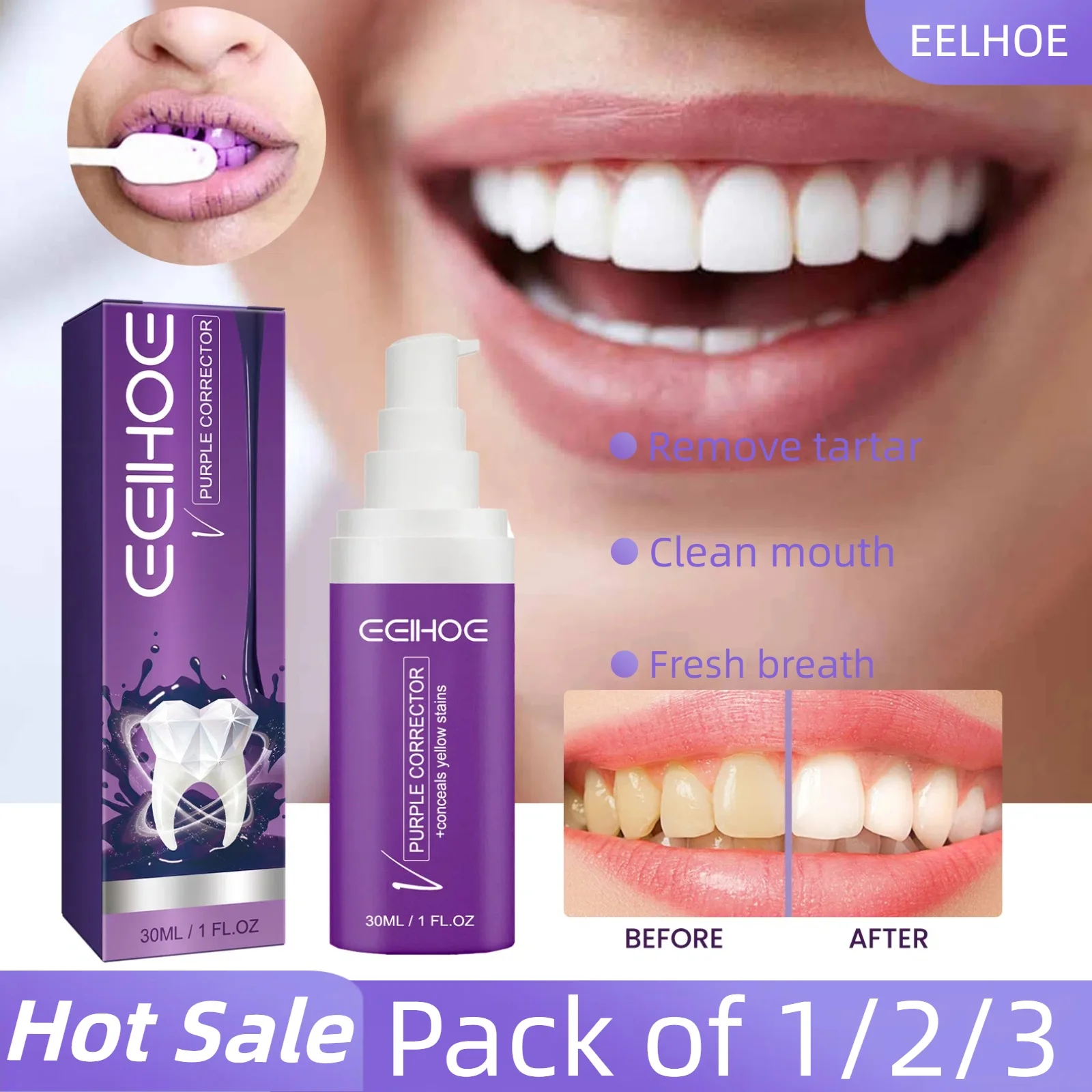 3pcs Purple Teeth Color Corrector Whitening Toothpaste,Teeth Stain Concealer Support Oral and Gum Health Teeth Whitening Booster