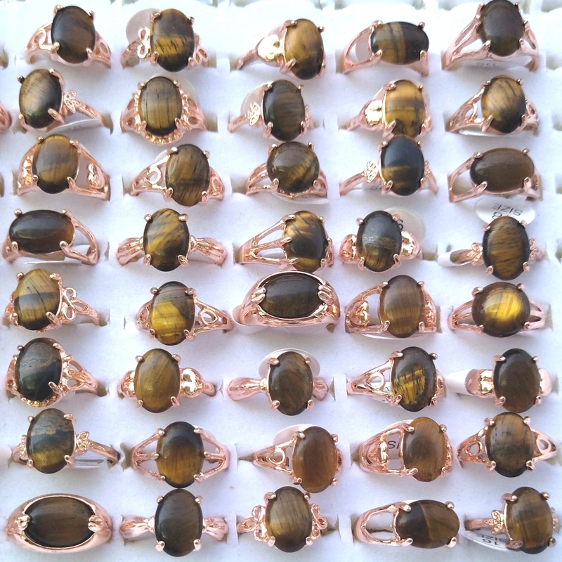 Rose Gold Plated Natural Tiger Eye Stone Rings 50pcs/lot Mixed Design For Women