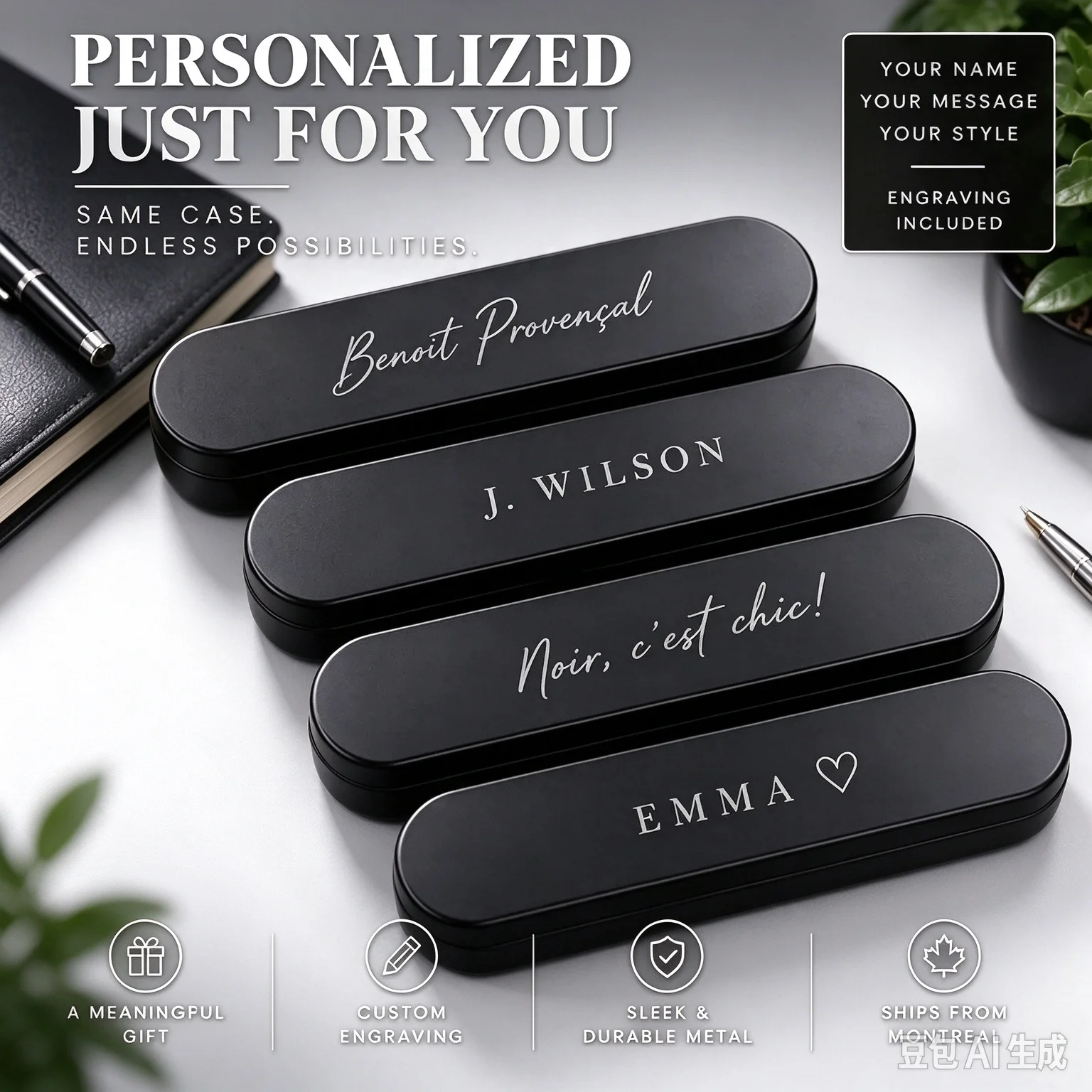Personalized Black Metal Pen Box Custom Engraved Case for Fountain Pens Elegant Gift Box with Foam Insert