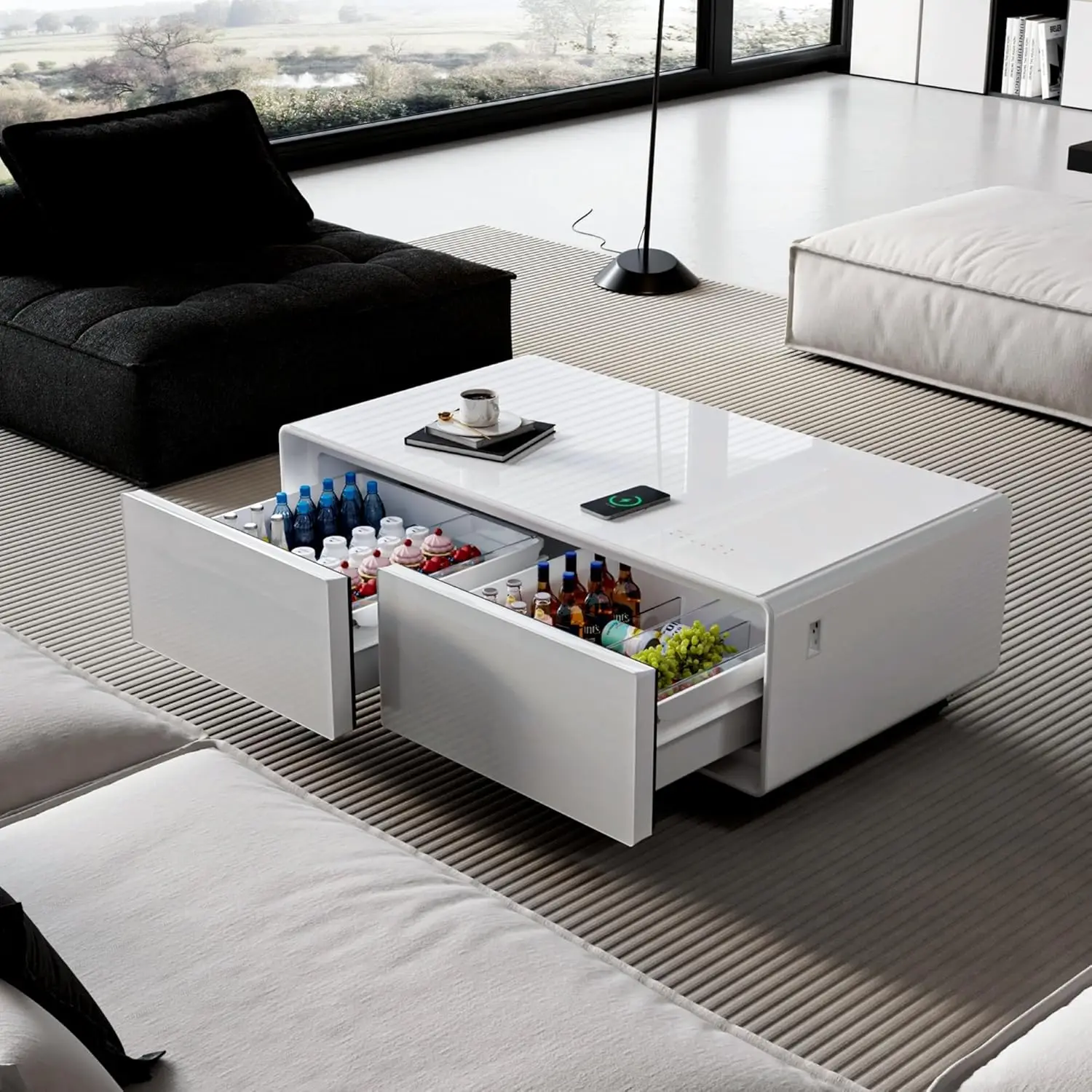 

Smart Coffee Table With Built In Fridge, Living Room Table Bluetooth Sound And Wireless Charging, Type-C & USB, Customized