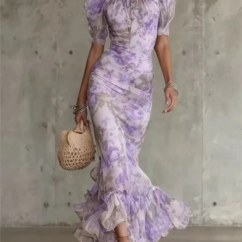 

Fashion Floral Print Bodycon Long Dress Woman High Neck Ruffle Hem Long Dress New Summer Puff Sleeve Bohemian Party Dress