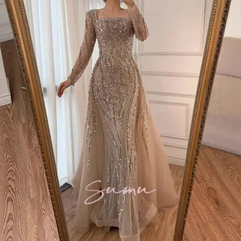 Champagne exquise robe de bal étincelante Tulle et strass élégant coupe ajustée robe de soirée formelle robes de soirée personnalisé