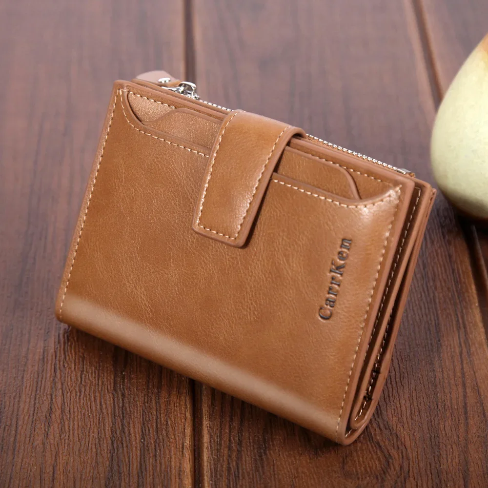 Large Capacity Zippered Oil Wax Leather Soft Leather Zero Wallet, Men's Short Purse，Buckle Up Fashionable Business Billfold