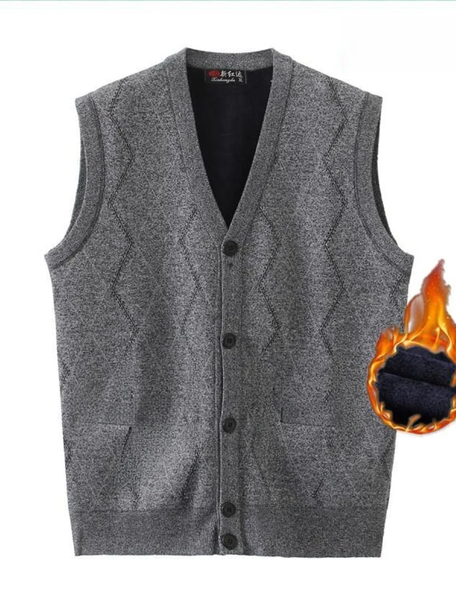 

Вязаный жилет Thiened Fce с подкладкой для мужчин среднего возраста, свободный крой, V-образный вырез, осень-зима, красный, городской стиль...