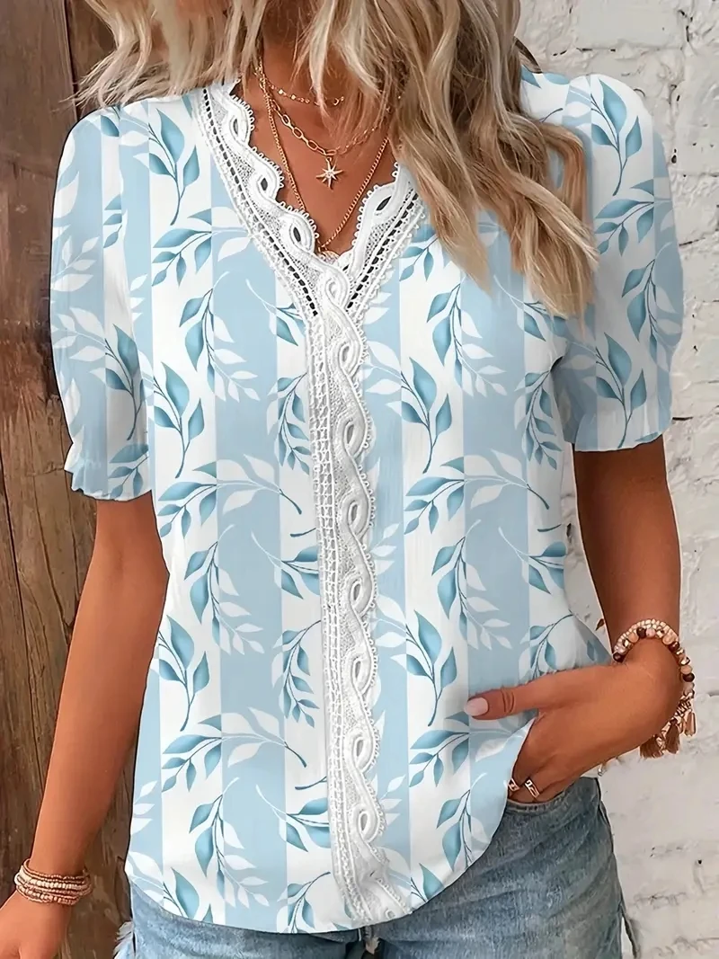 Customization 2024 Fashion Casual Vacation Shirt Women Summer V Neck Hollow Out Solid Color Blouse Female Elegant Striped Jacqua
