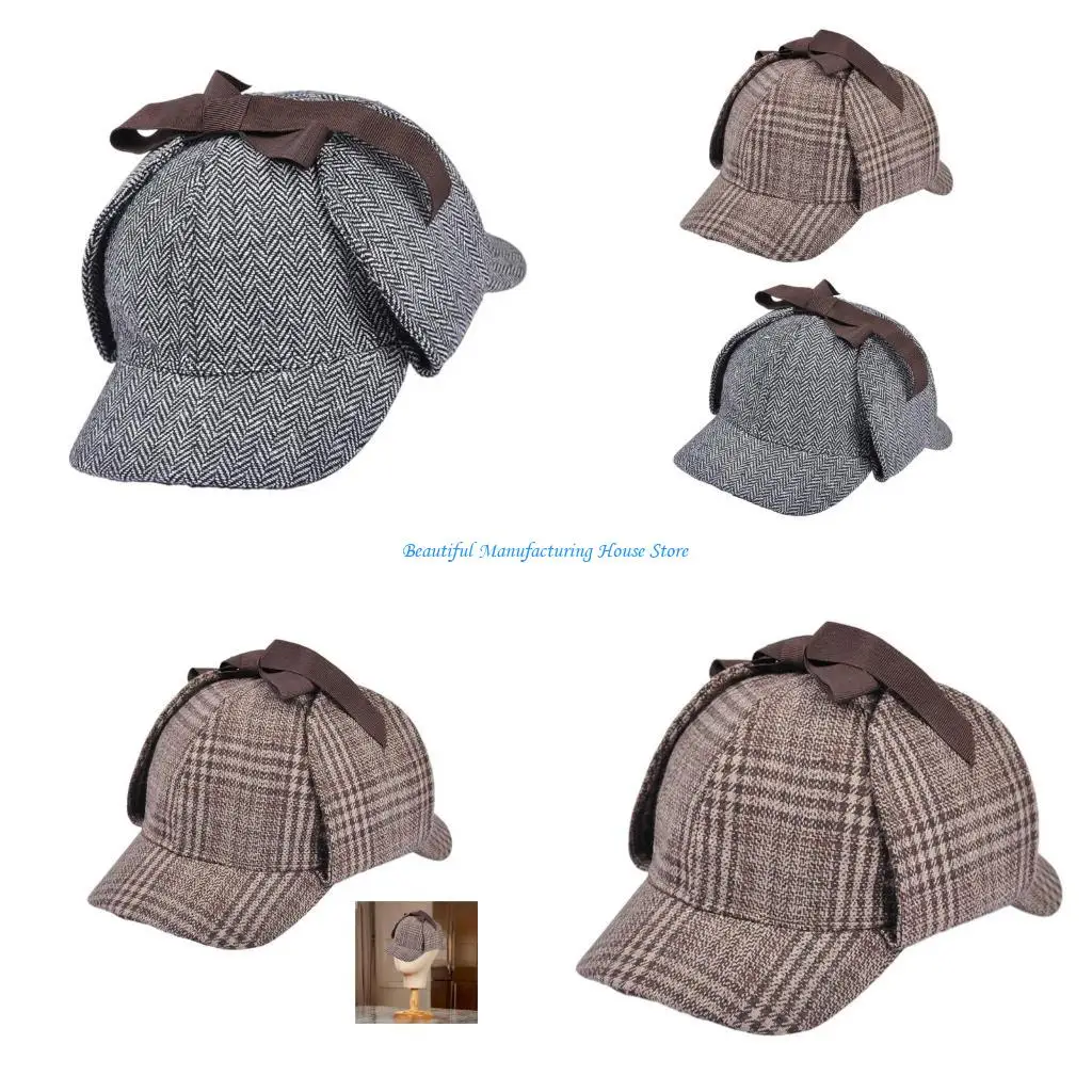 E56A Double Border Baseball Hat Trendy Plaids Duckbills Hat Winter Ear Protecting Hat for Travel Scenarios