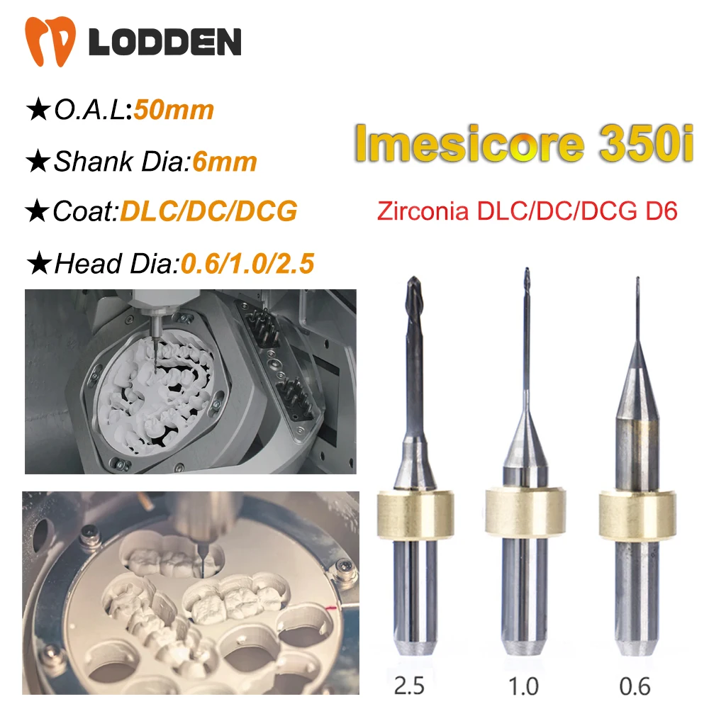 Imesicore 350i Zirconia DC Milling Burs D3 Shank DLC/DC/DCG Coating 50mm Length 0.6/1.0/2.5mm Drill Grinding Tool for CAD CAM