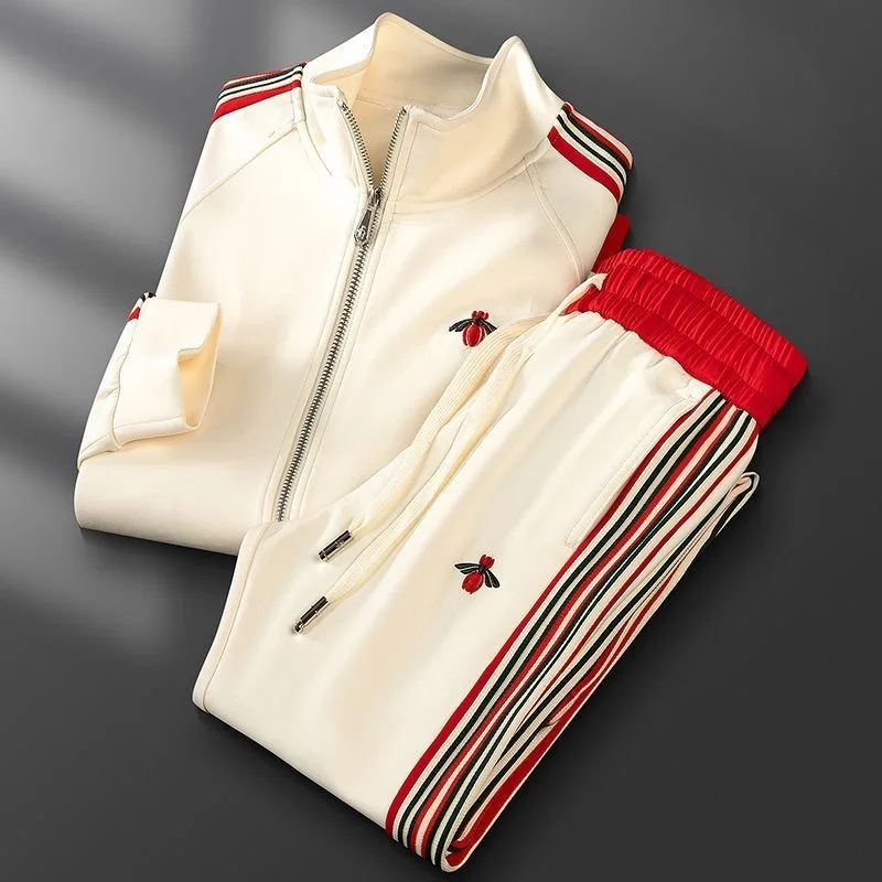 

Роскошный повседневный комплект спортивной одежды из двух предметов для мужчин, высококачественный кардиган с воротником-стойкой на молнии и брюки из лямки с вышивкой пчелы