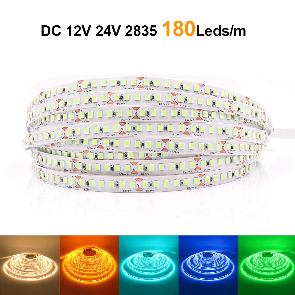 5m LED Strip 12V 2835 Light 180LEDs/m Warm White Red Green Ice Blue Orange Pink Yellow Flex Adhesive Tape 8mm PCB Home Lighting