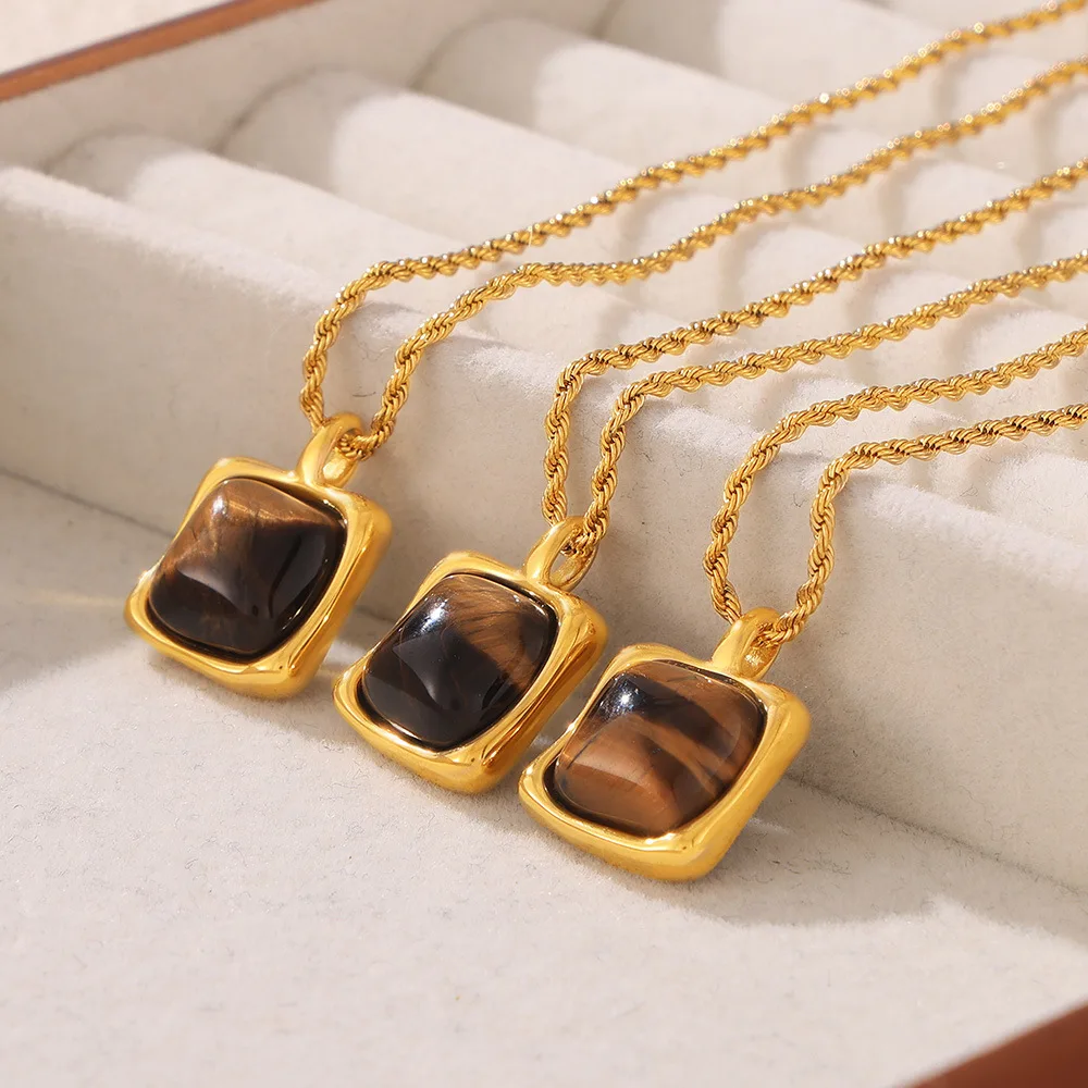 Tiger Eye Stone Square Pendant 316L Stainless Steel Necklaces For Women Men Gold Plated Clavicle Chain Couple Simple Jewelry