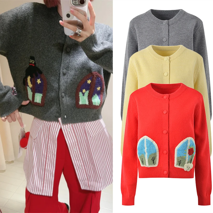 

High-End European Sle Retro Cartoon Embroidery Knitted Sweater ort Top Women Soft Cozy Long Sve round Ne Spring Faion