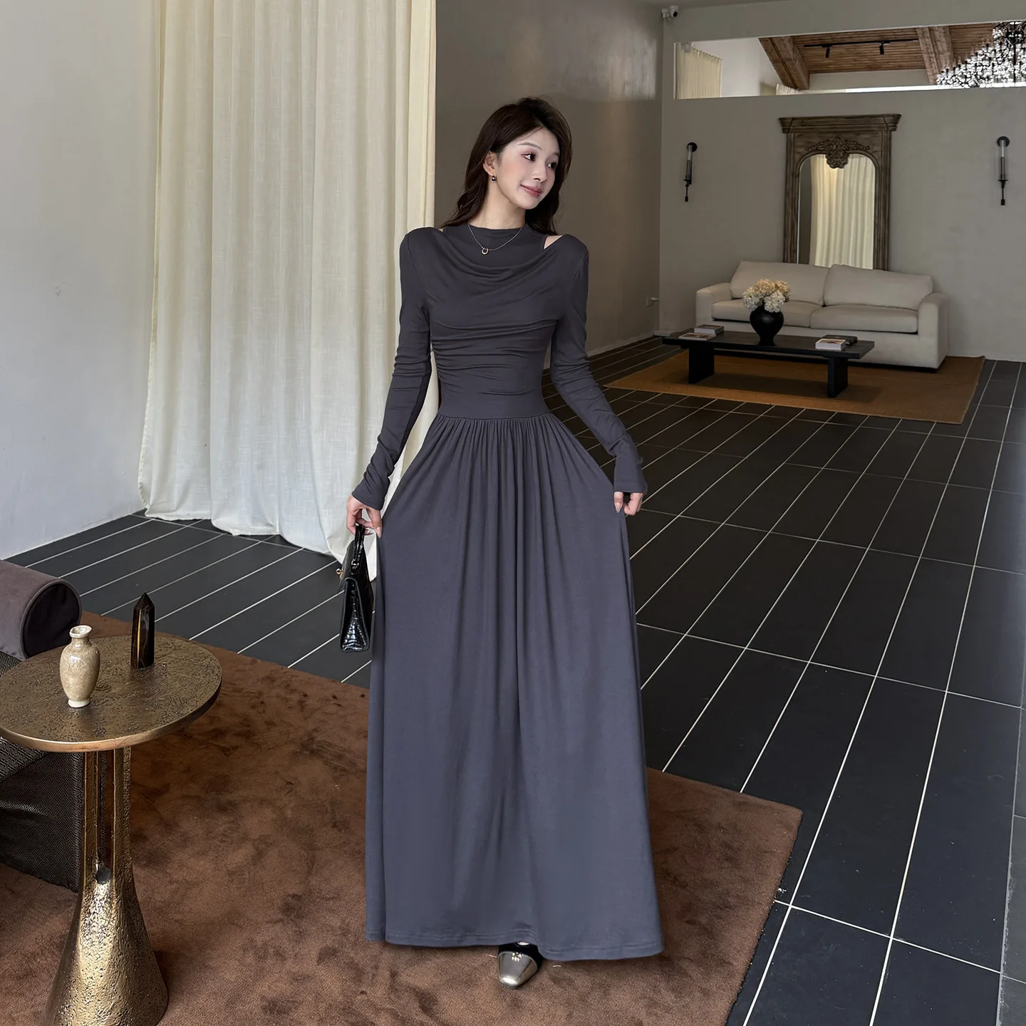 프렌치 스타일 투피스 그레이 오프숄더 드레스 여성 봄 가을 컷아웃 A라인 미디 드레스 우아한 솔리드 플레어 스커트 오피스룩