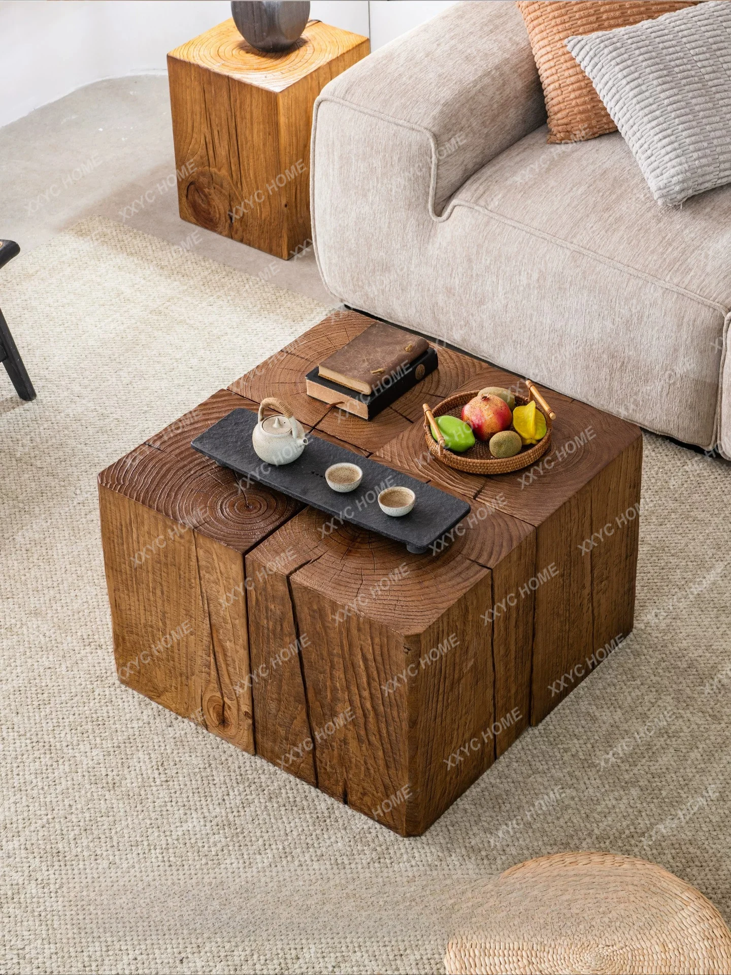 Wabi Sansan wind log solid wood small coffee table free combination pier low stool home sofa edge few wooden piles B & B living