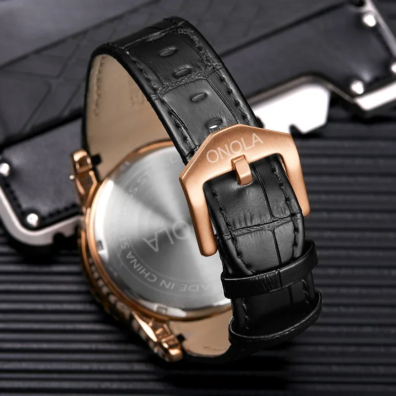 Cool Black Watch For Men Brand ONOLA Fashion Leather Strap AAA Quartz Wristwatch Male Gift Reloj Hombre 2024 Hot