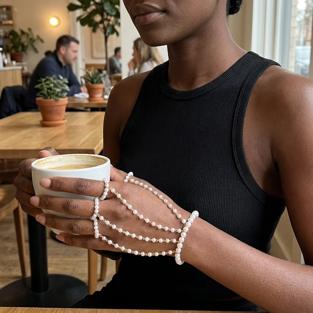 Imitation Pearl Hand Chain Bracelet Women Multi Strand Pearl Finger Ring Connected Bracelet Wedding Bridal Hand Harness Jewelry