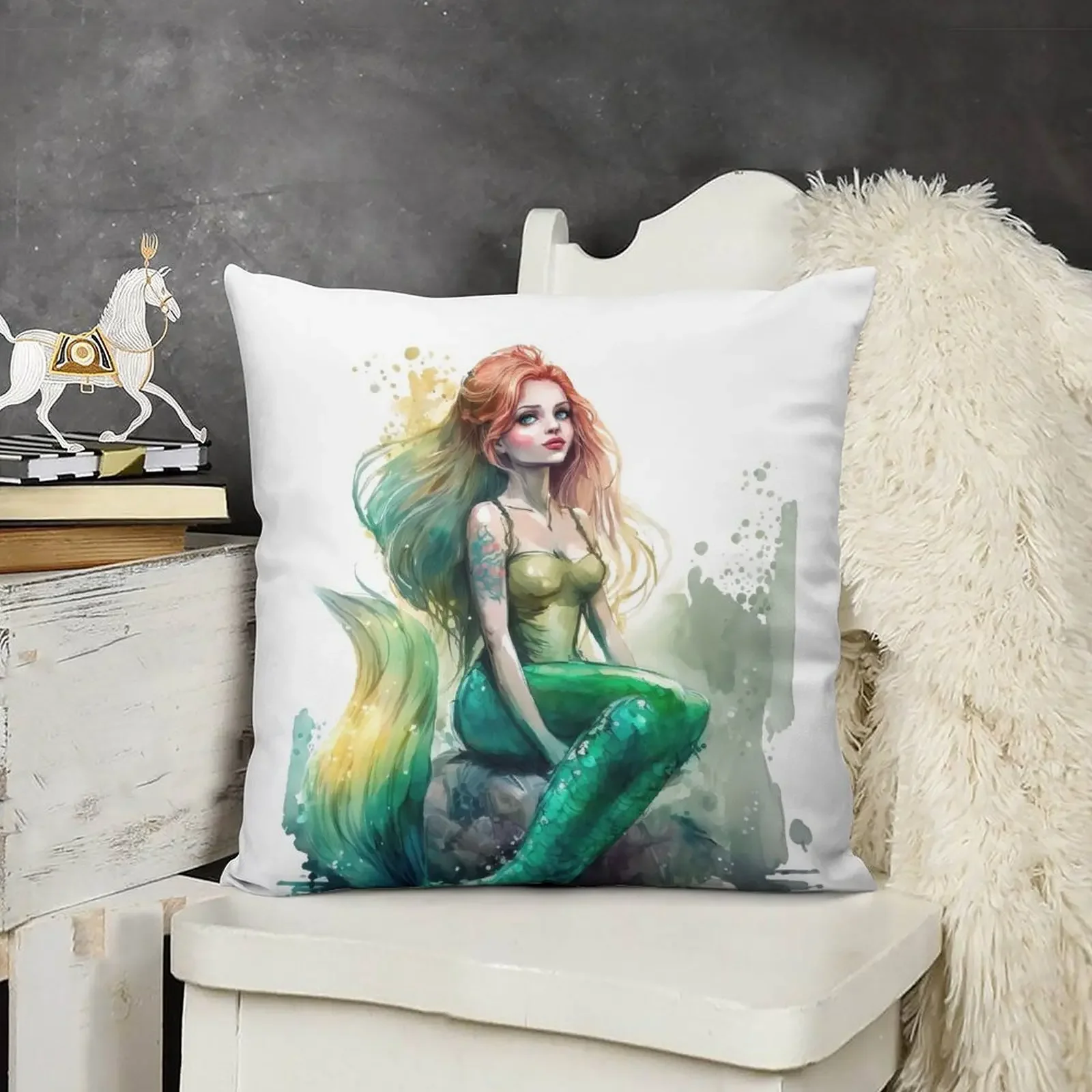 

Beautiful Mermaid Sitting on the Stone, Watercolor Green Mermaid Throw Pillow christmas ornaments 2025 Sofas Covers pillow