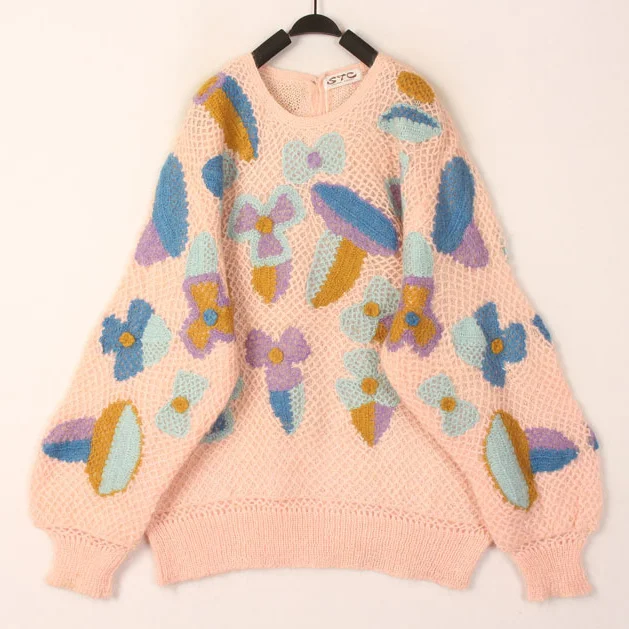 

Vintage Double Layer Hollow out Knitted Sweater Women's Sea Wool Sweater Warm Cozy round Neck Long Sleeve Autumn Winter