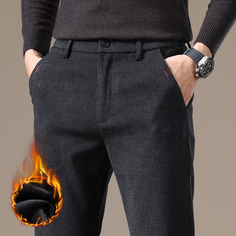 

Winter Fleece Casual Men's Pants Warm Fashion Thick Velvet Straight Business Trousers Slim Plush Small Feet Trousers