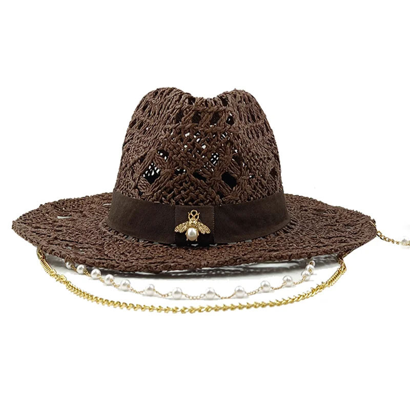 

Summer Straw Hats for Women Fashionable Metal Bee Letter Ladies Party Dress Hats Travel Beach Sun Hat Chapeau Femme