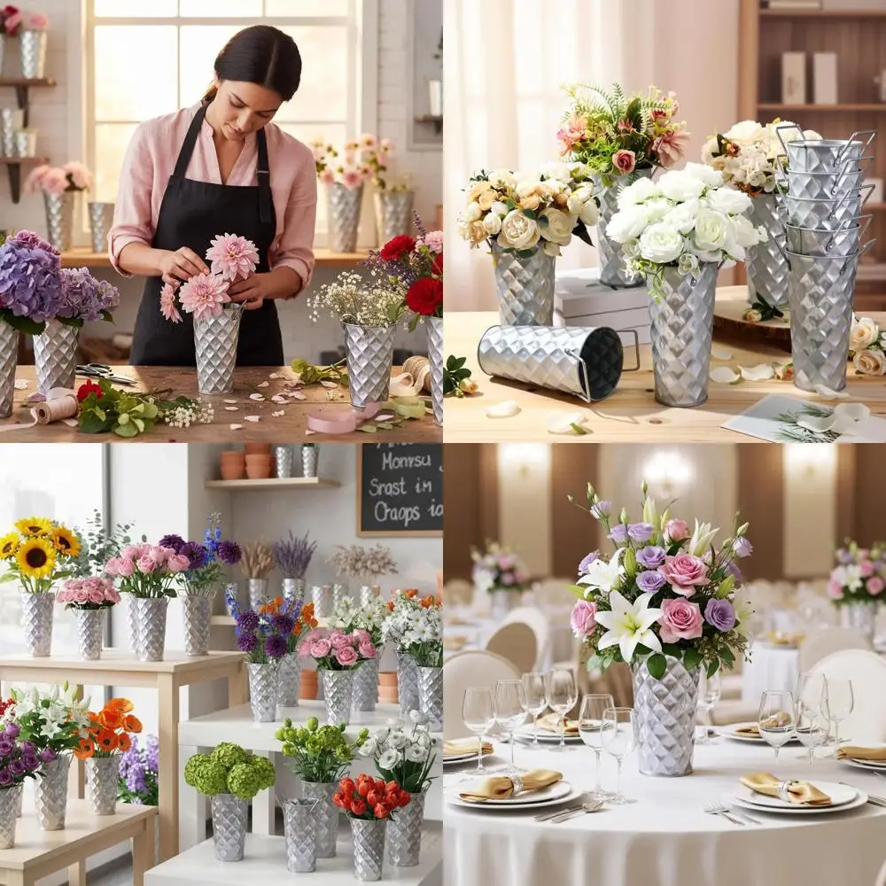 

9 Silver Metal Flower Vases Set of 12, Galvanized Buckets with Handles for Spring, Farmhouse, French Style, Wedding Table Center