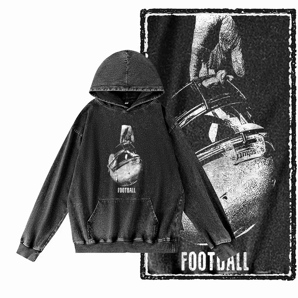 G45 Acid Washed Black Streetwear Big Size Cotton Men's Football Printed Graphic Hoodies | Cool O-neck men's Hoodie