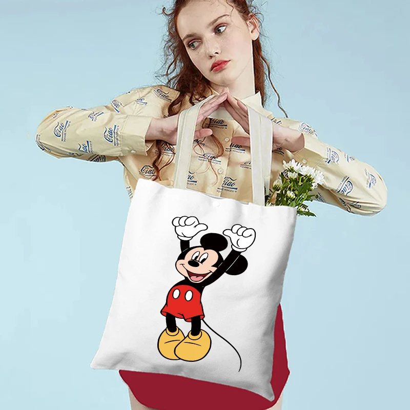 MINISO Mickey Minnie Mouse  Canvas Tote Bag Handbag Shopping Bag Foldable Reusable Cloth Shopper Harajuku Bag Gift for Woman