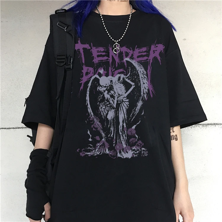 Phụ Nữ Áo Thun Hip Hop Dạo Phố Áo Gothic Devil Angel Vintage In Áo Thun Nữ Mùa Hè Punk Quá Khổ Áo Thun Cổ tee