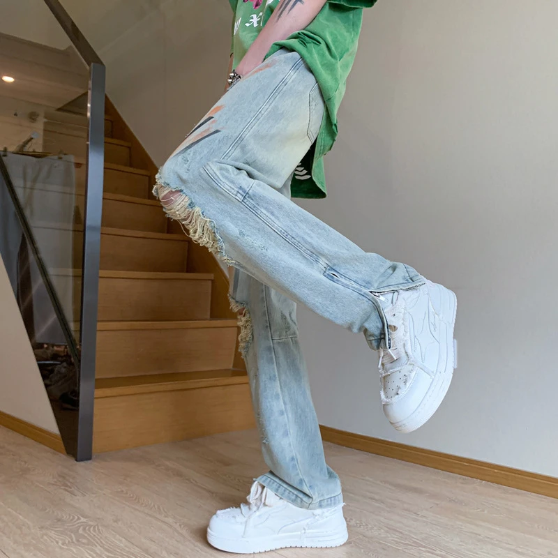 

Джинсы с дырками, мужские прямые граффити, потертые, винтажные, до щиколотки, для подростков, High Street, асимметричные, стильные, хипстерские, для фитнеса, в стиле ретро