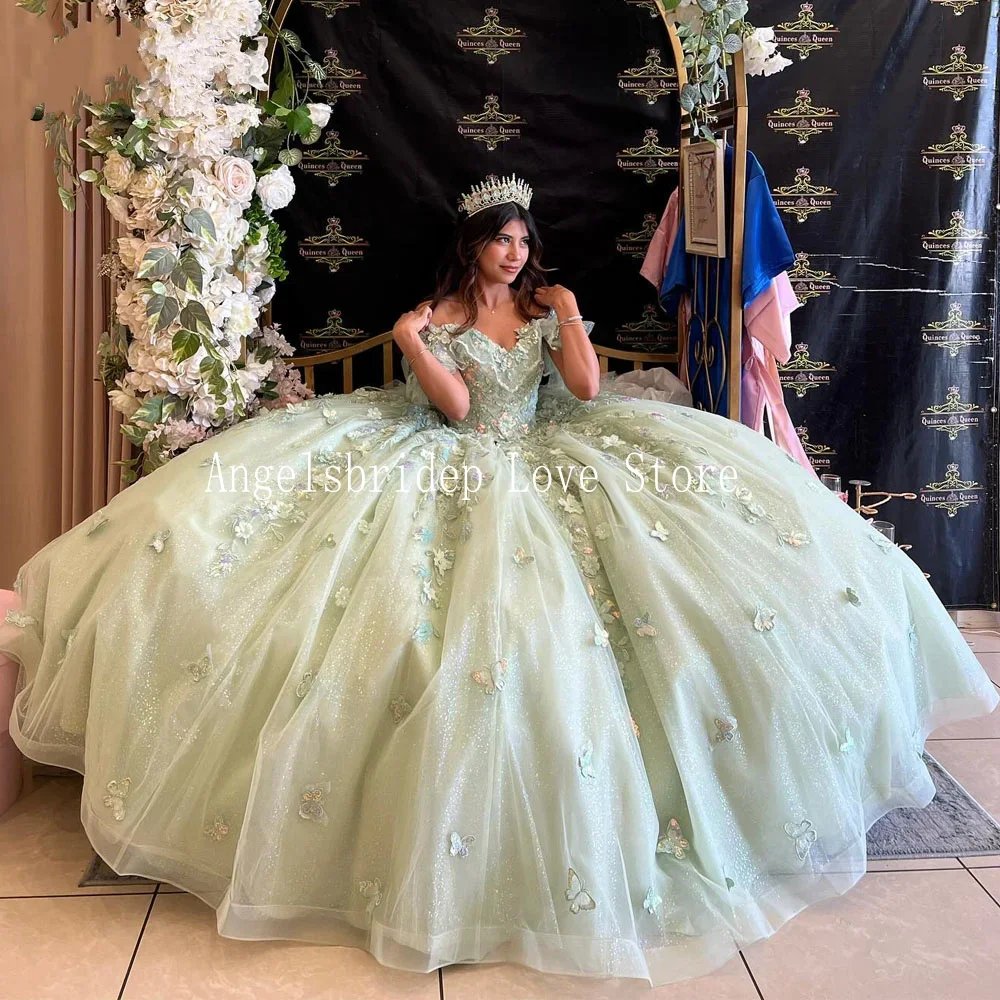 

Angelsbridep Elegant Mint Ball Gown 15 Year Old Quinceanera Dresses 2024 With 3D Flower Princess Birthday Party Dress