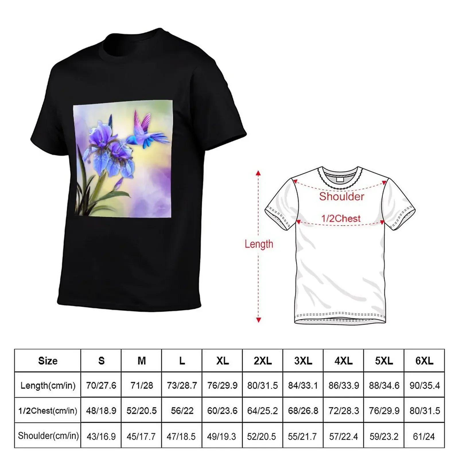 Hummingbird on Blue/Purple Iris T-Shirt custom t-shirts custom shirt funny meme t-shirts designer t shirt men