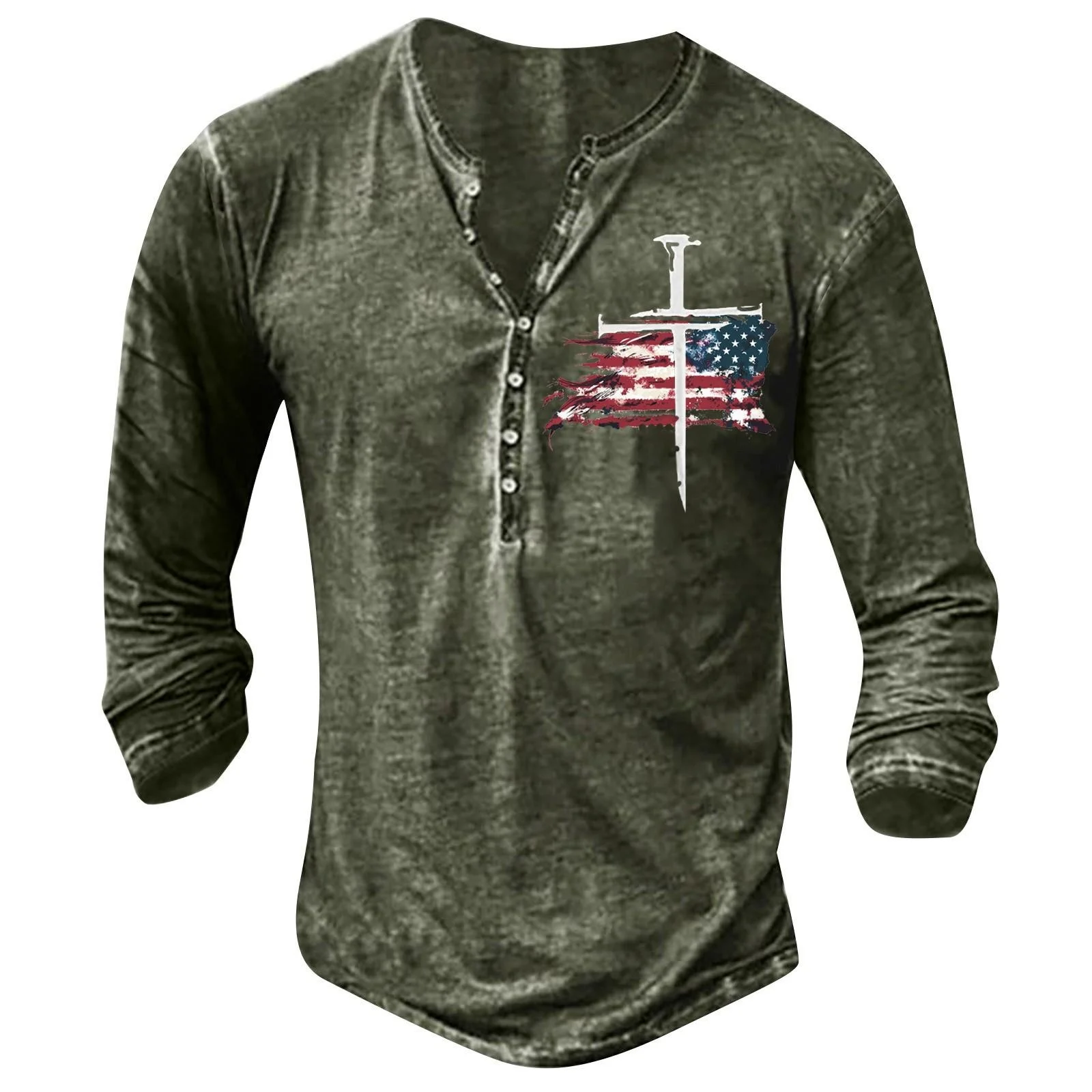 Langarm-T-Shirt für Herren, Retro-Henry-Shirt, einfarbiges Logo, 3D-gedrucktes, bequemes Langarm-Shirt für die Straße