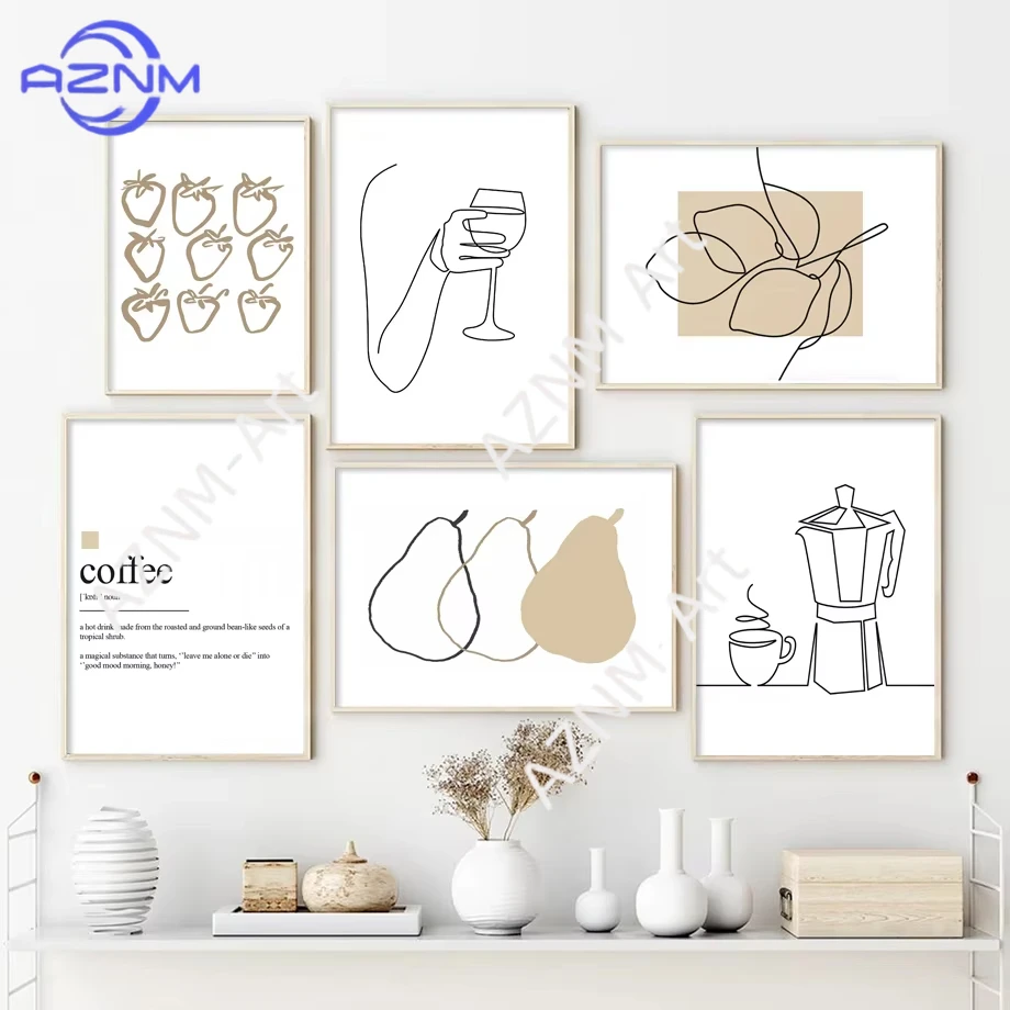 1 Stück/6 Stück Abstrakte Linien Kaffee Wein Glas Zitrone Leinwandmalerei Nordische Poster und Drucke Wandkunst für Küche Zimmer Heimdekoration
