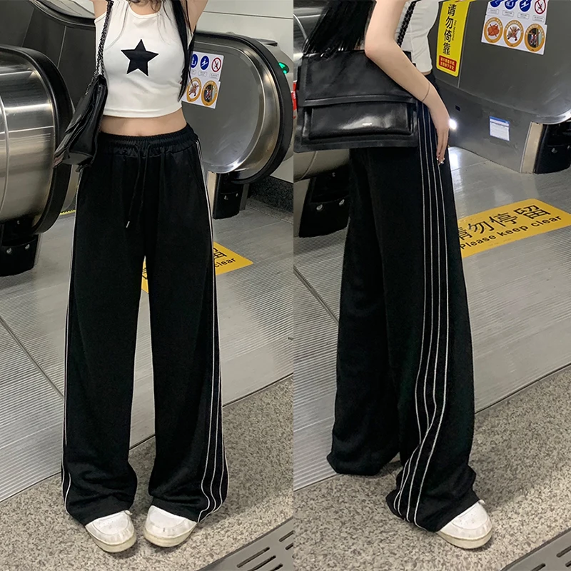 2024 Women Fashion Designer Pants Lady Baggy Wide Leg Straight Leg Trousers Female Korean Style High Waisted Black Stripe Slacks