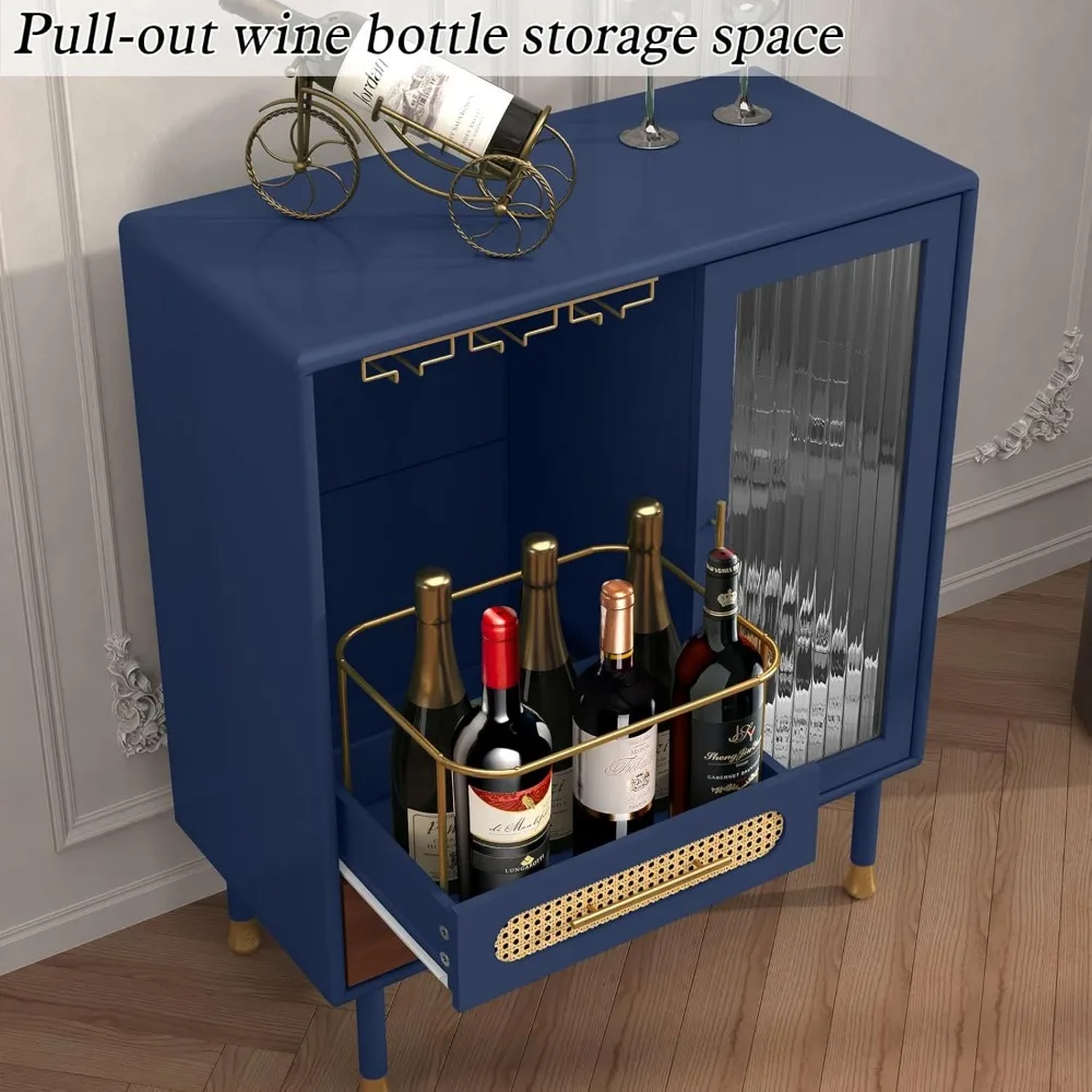 Modern Coffee Bar Cabinet with Wine Glass Rack and Drawers, Blue Liquor Storage Cabinet for Kitchen, Pull-Out Wine Storage Solut