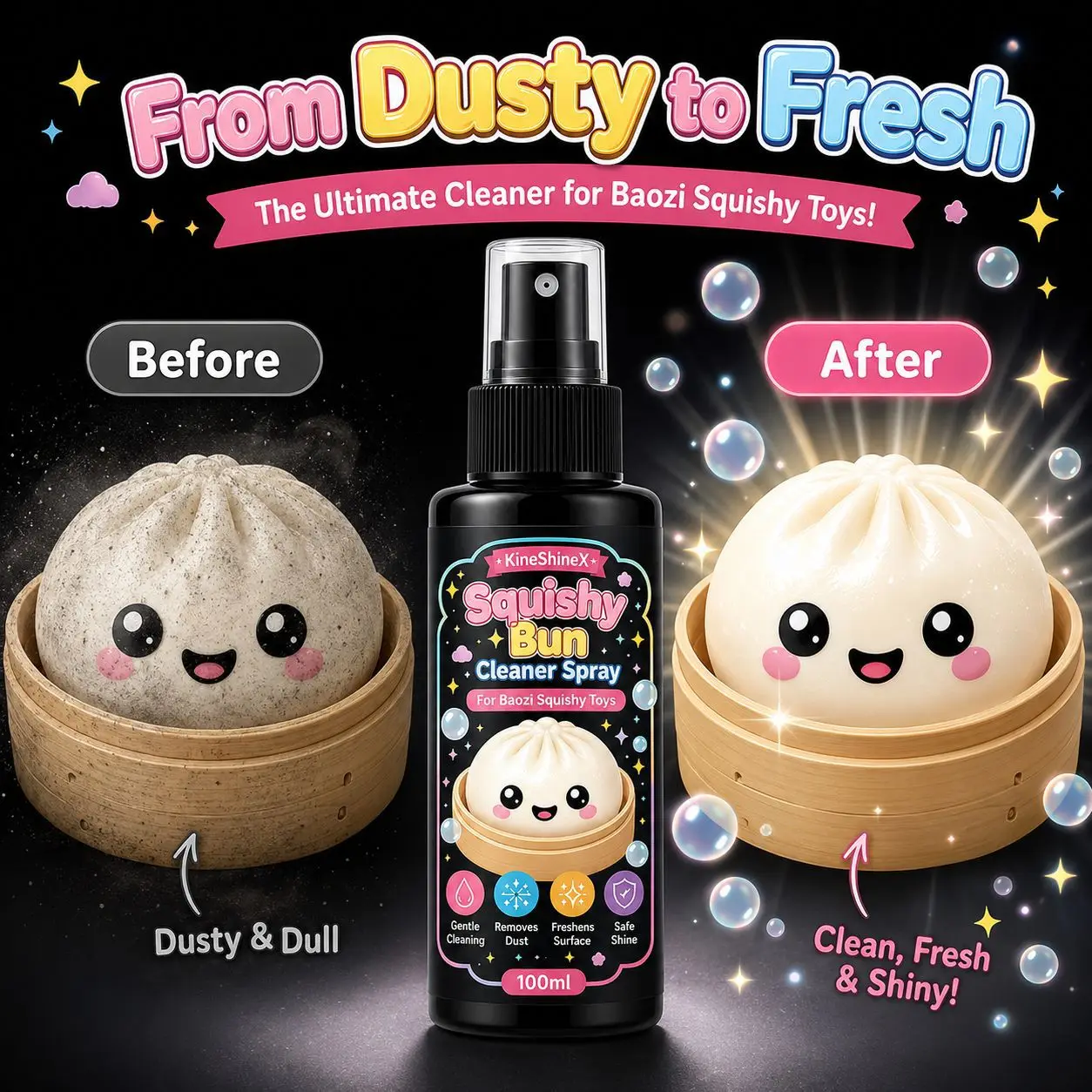 Squishy Cleaner Spray 50ml/100ml – For Baozi Squishy Toys, Gentle Cleaning, Removes Dust, Freshens Surface, Safe Shine,Quick-Dry