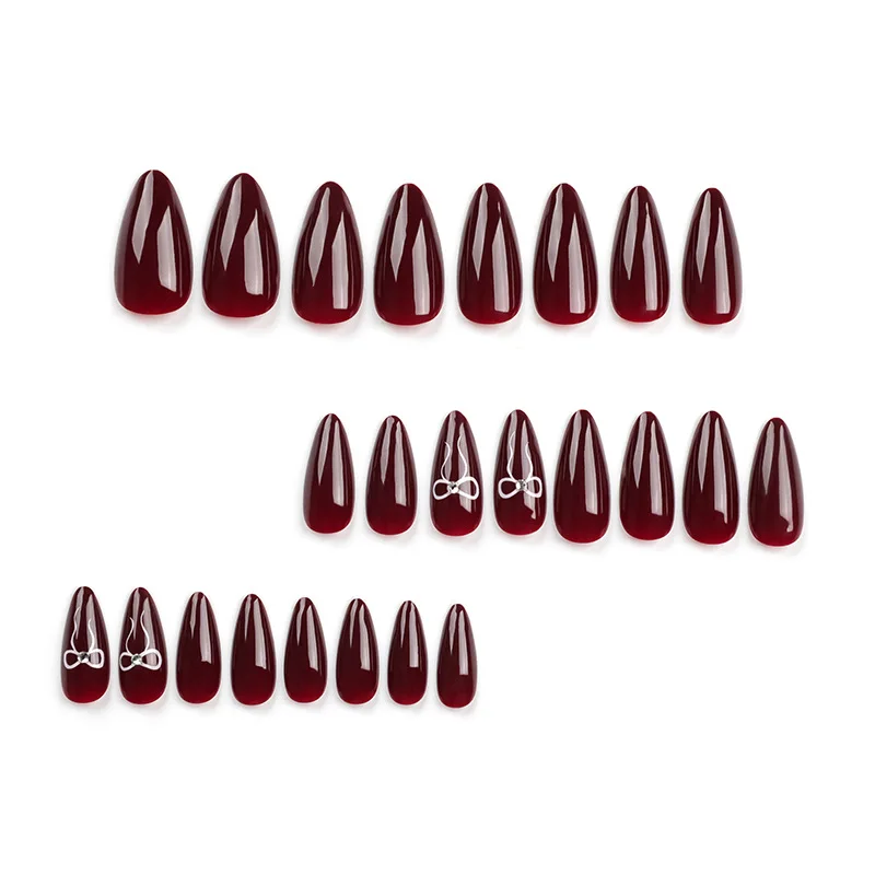 24 PCs Valentine's Day Long Almond Shape Novelty Wind Bow Rhinodrill Nail with 1 File and 1 Jelly Glue